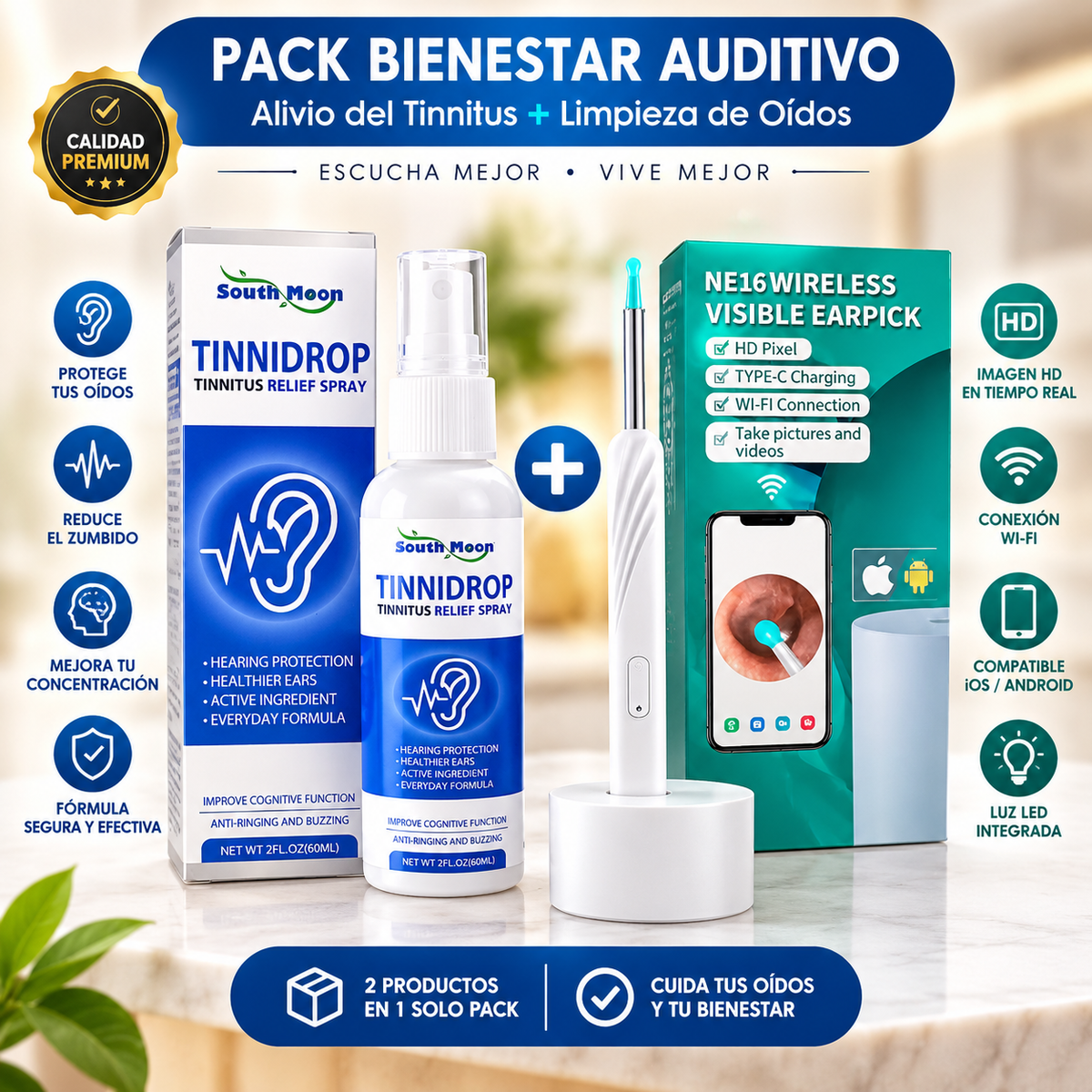Limpiador de Oídos con Cámara HD + Spray Tinnidrop | Pack 2 en 1