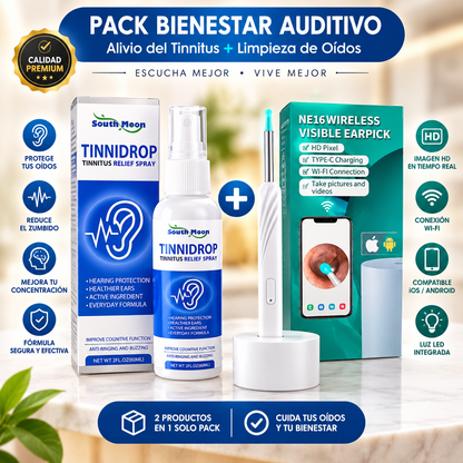 Limpiador de Oídos con Cámara HD + Spray Tinnidrop | Pack 2 en 1